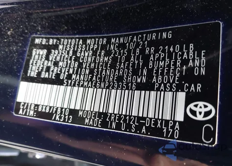 2022 Toyota Corolla Le from USA, damaged, VIN 5YFEPMAE6NP293516